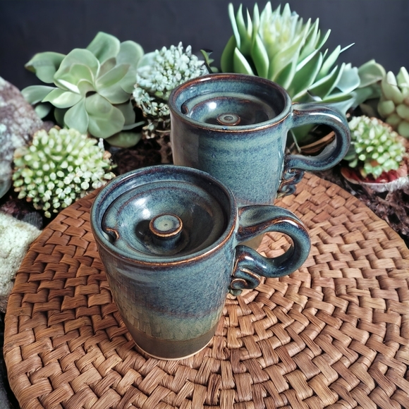 unbranded Other - Set of 2 Handmade Pottery Mugs Ceramic Mugs Earth Tones With Lids